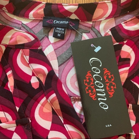 COCOMO Medium Burgundy multicolored 3/4 sleeve women’s pintuck Blouse top shirt - Picture 8 of 13